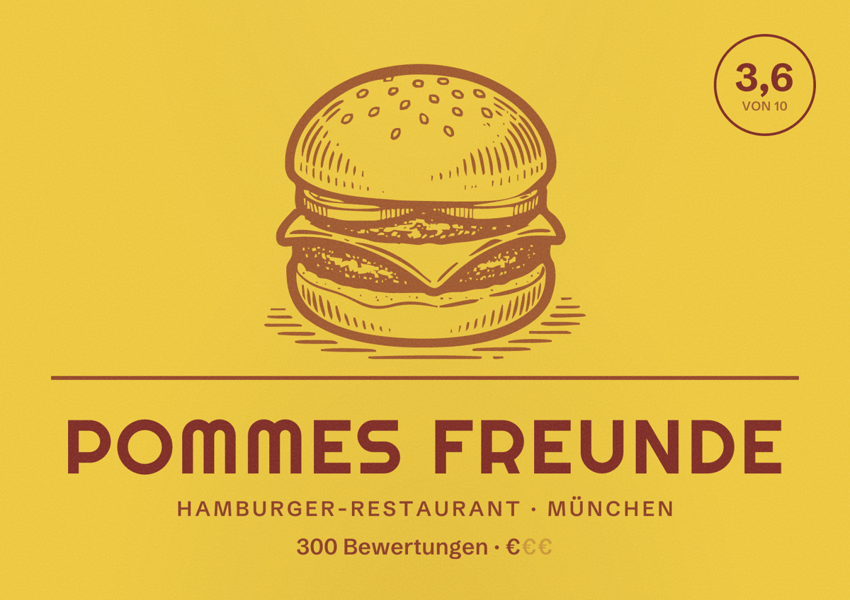 Illustriertes Poster von Pommes Freunde, Hamburger-Restaurant in München: Bewertung 3,6 von 10 aus 300 Bewertungen, Preisniveau €
