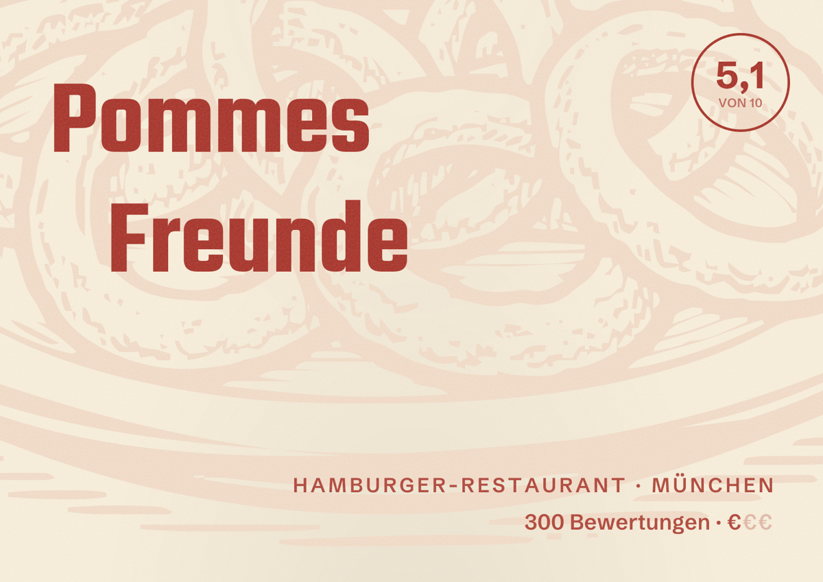 Illustriertes Poster von Pommes Freunde, Hamburger-Restaurant in München: Bewertung 5,1 von 10 aus 300 Bewertungen, Preisniveau €