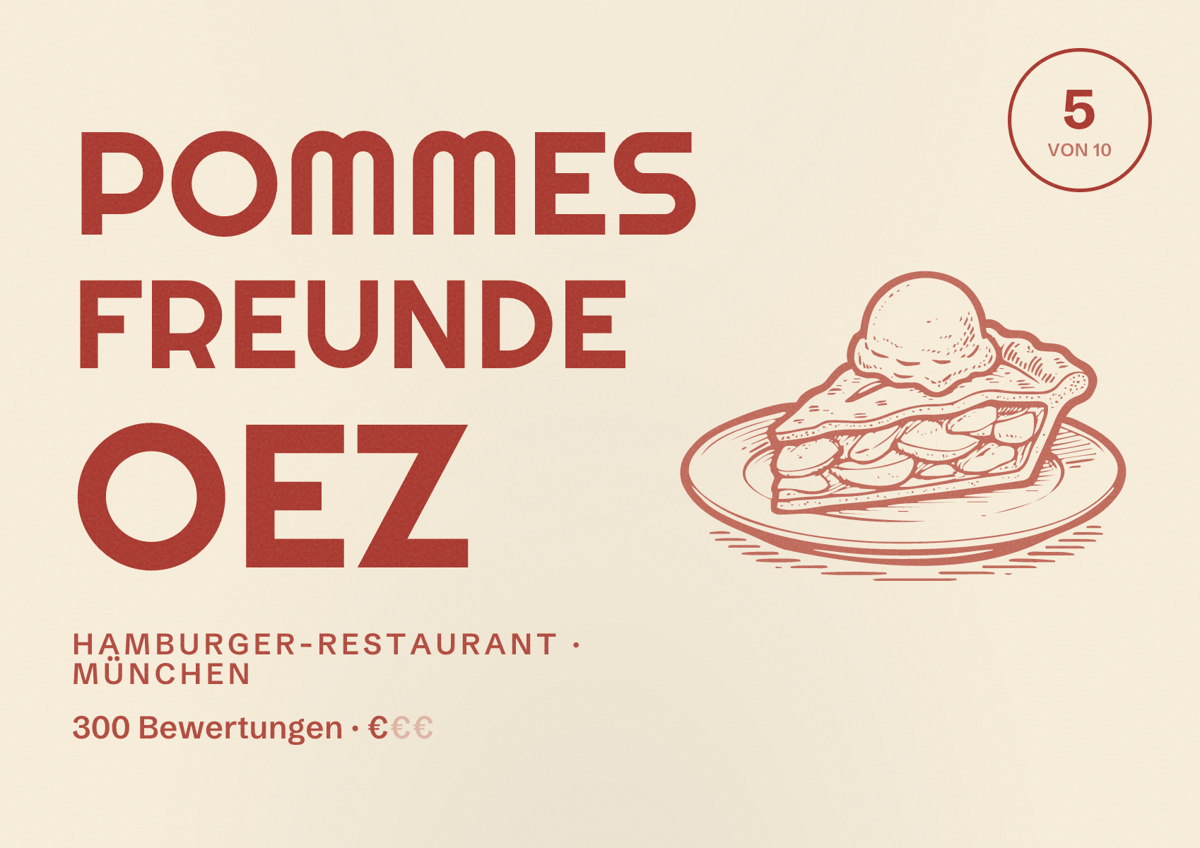 Illustriertes Poster von POMMES FREUNDE OEZ, Hamburger-Restaurant in München: Bewertung 5,0 von 10 aus 300 Bewertungen, Preisniveau €