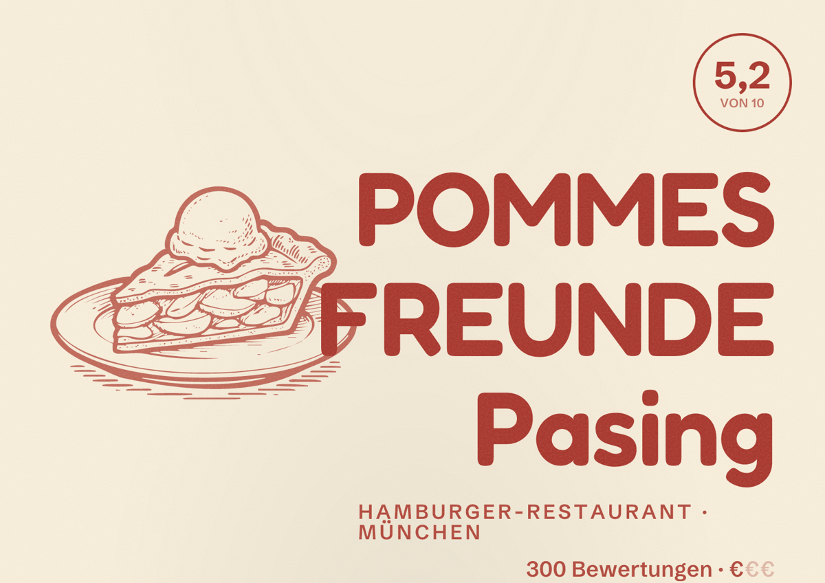Illustriertes Poster von POMMES FREUNDE Pasing, Hamburger-Restaurant in München: Bewertung 5,2 von 10 aus 300 Bewertungen, Preisniveau €