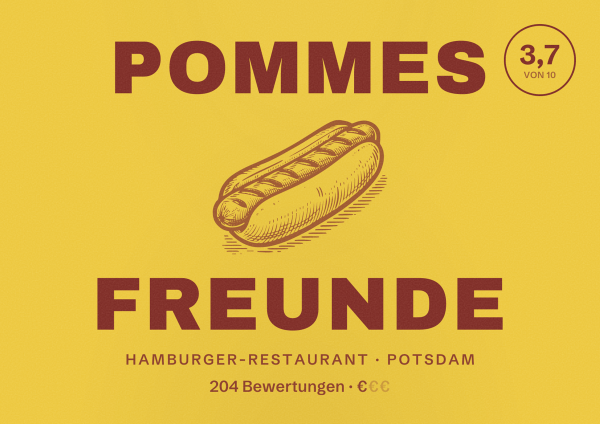 Illustriertes Poster von POMMES FREUNDE, Hamburger-Restaurant in Potsdam: Bewertung 3,7 von 10 aus 204 Bewertungen, Preisniveau €
