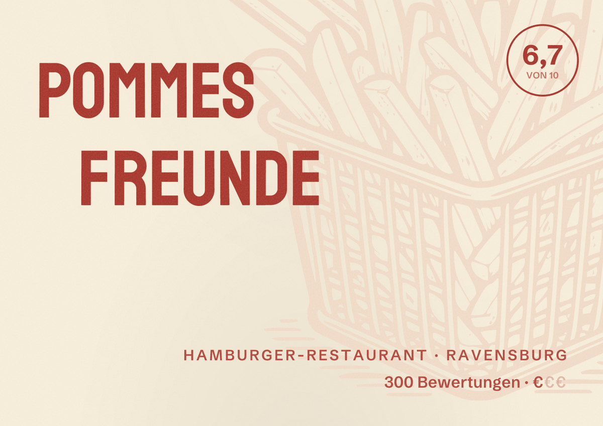 Illustriertes Poster von Pommes Freunde, Hamburger-Restaurant in Ravensburg: Bewertung 6,7 von 10 aus 300 Bewertungen, Preisniveau €