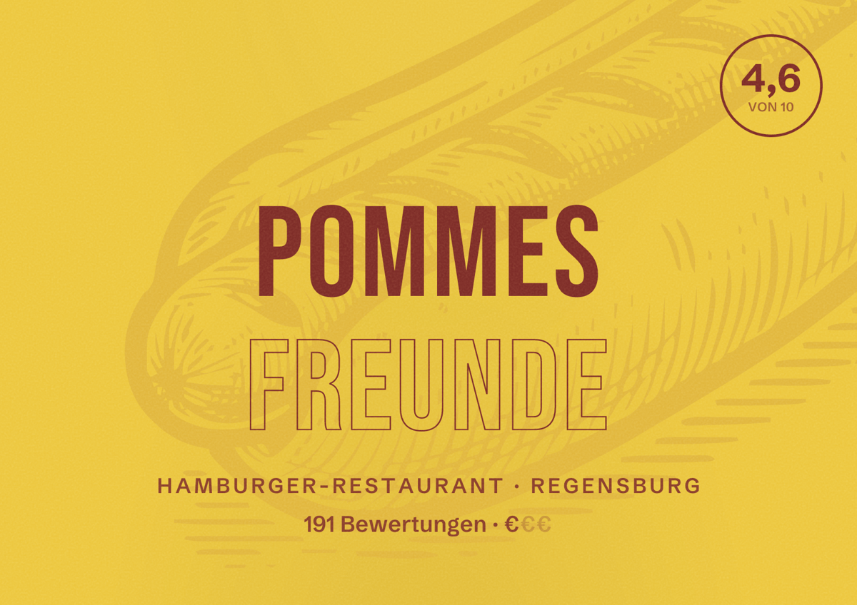 Illustriertes Poster von Pommes Freunde, Hamburger-Restaurant in Regensburg: Bewertung 4,6 von 10 aus 191 Bewertungen, Preisniveau €