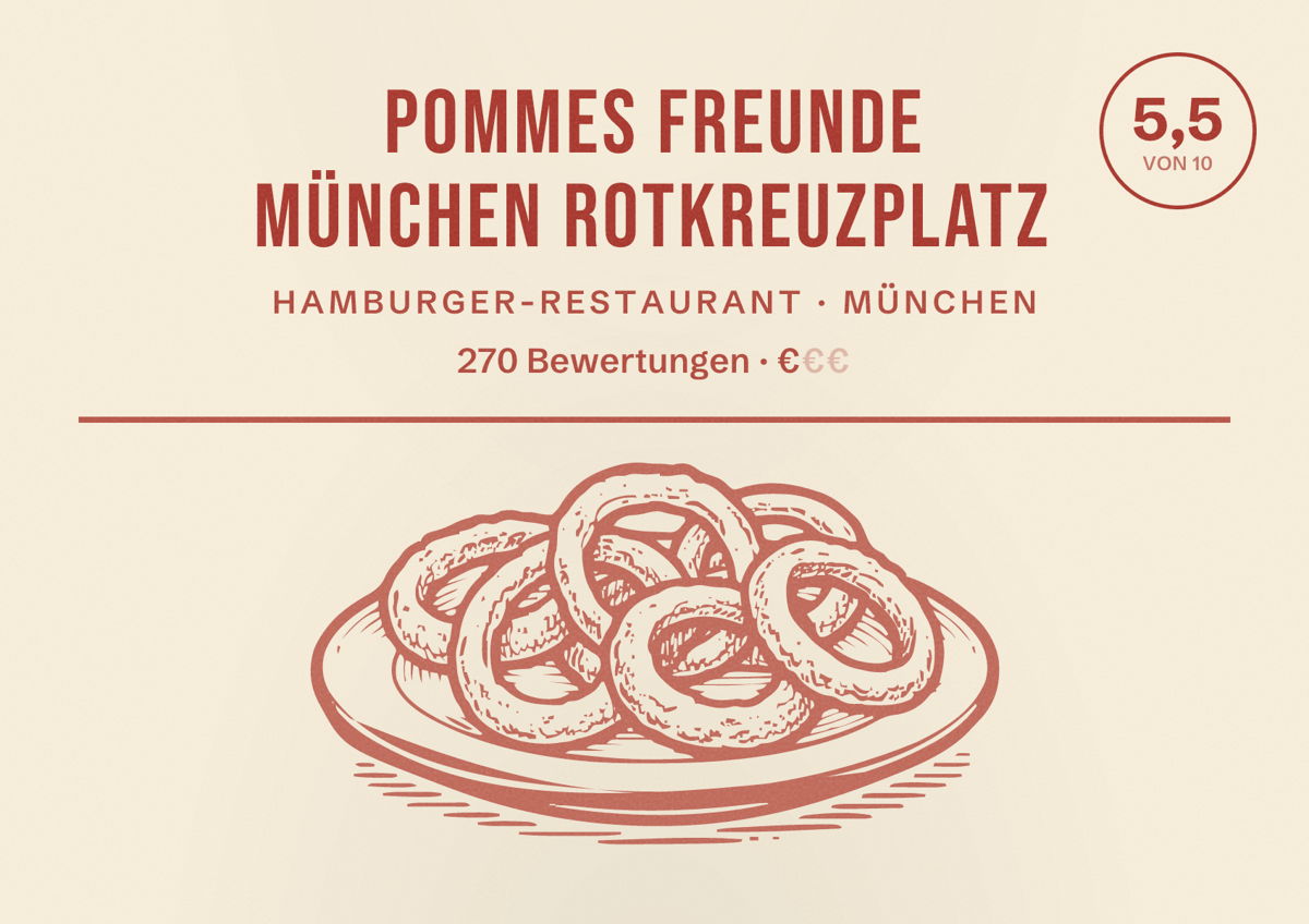 Illustriertes Poster von POMMES FREUNDE München Rotkreuzplatz, Hamburger-Restaurant in München: Bewertung 5,5 von 10 aus 270 Bewertungen, Preisniveau €