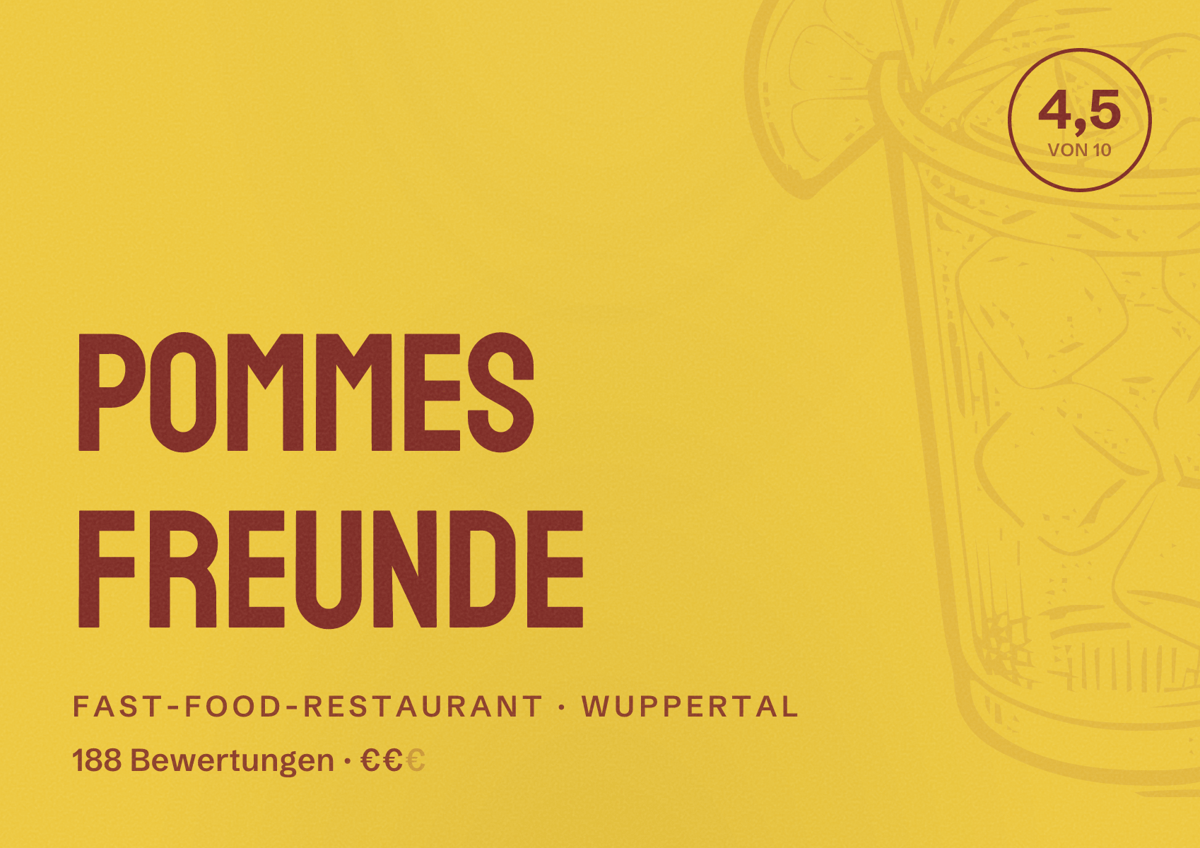 Illustriertes Poster von Pommes Freunde, Fast-Food-Restaurant in Wuppertal: Bewertung 4,5 von 10 aus 188 Bewertungen, Preisniveau €€