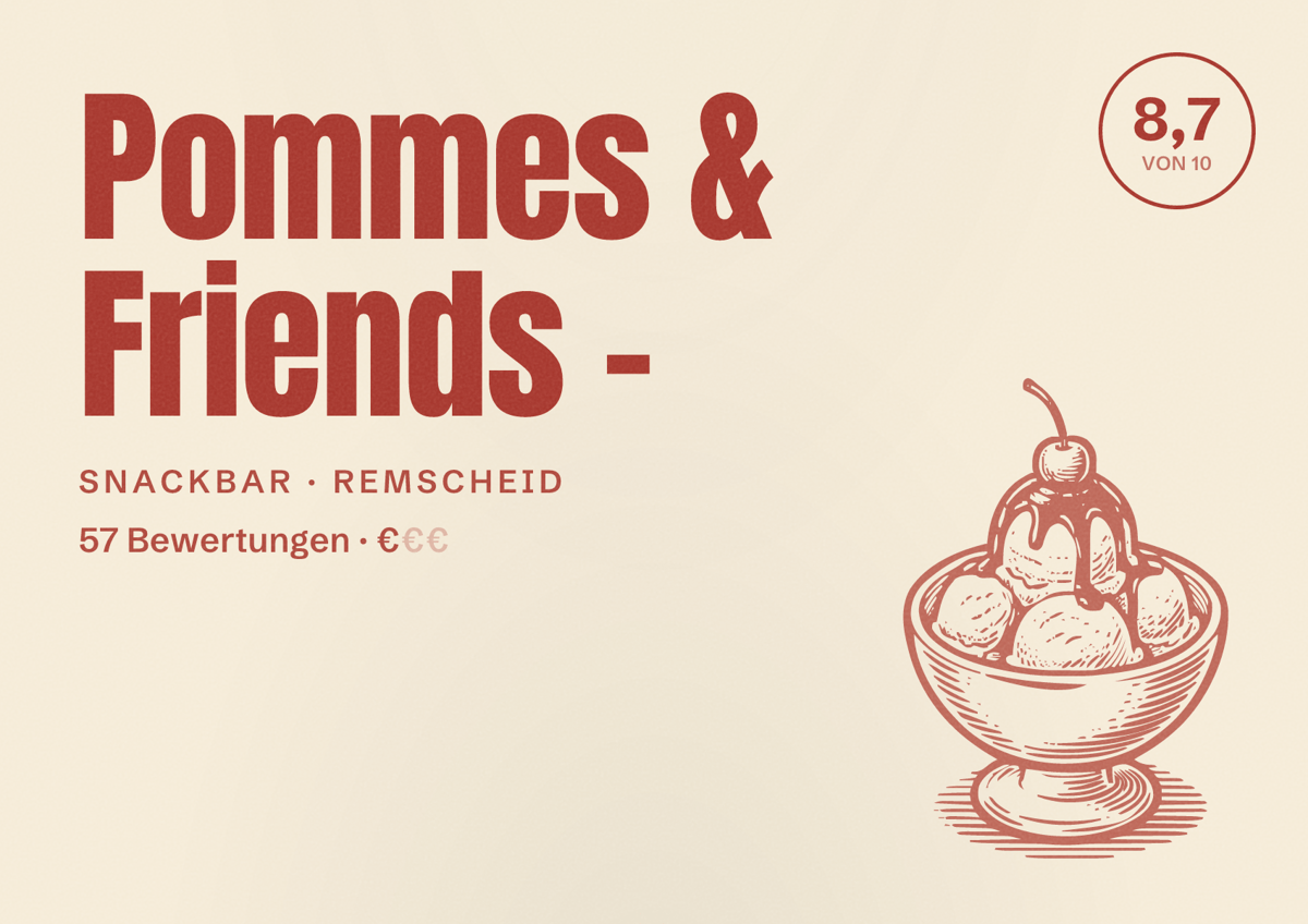 Illustriertes Poster von Pommes & Friends -, Snackbar in Remscheid: Bewertung 8,7 von 10 aus 57 Bewertungen, Preisniveau €