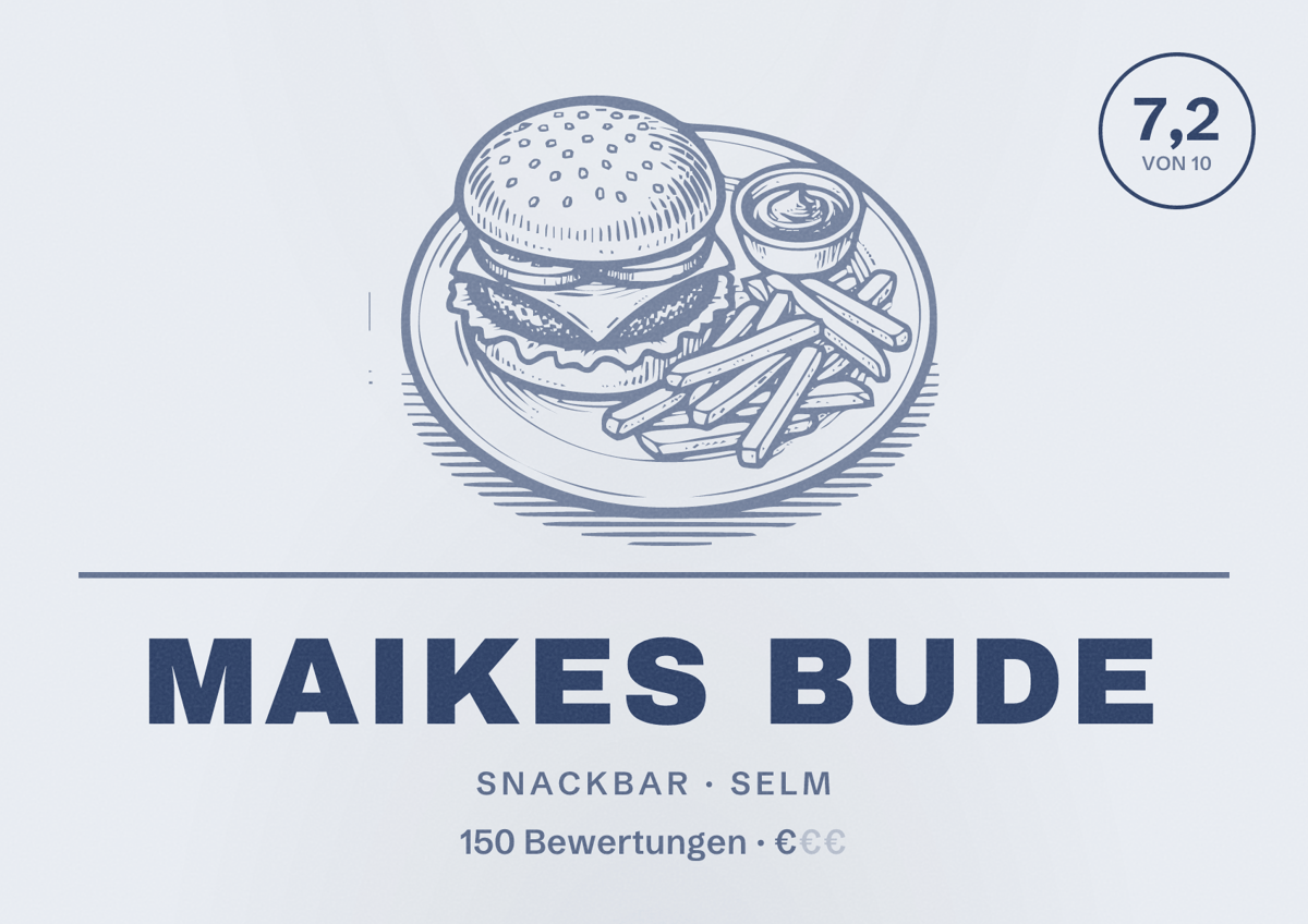 Illustriertes Poster von Maikes Bude, Snackbar in Selm: Bewertung 7,2 von 10 aus 150 Bewertungen, Preisniveau €
