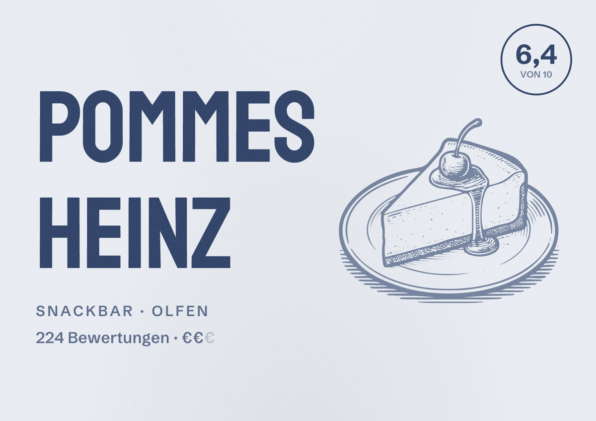 Illustriertes Poster von Pommes Heinz, Snackbar in Olfen: Bewertung 6,4 von 10 aus 224 Bewertungen, Preisniveau €€