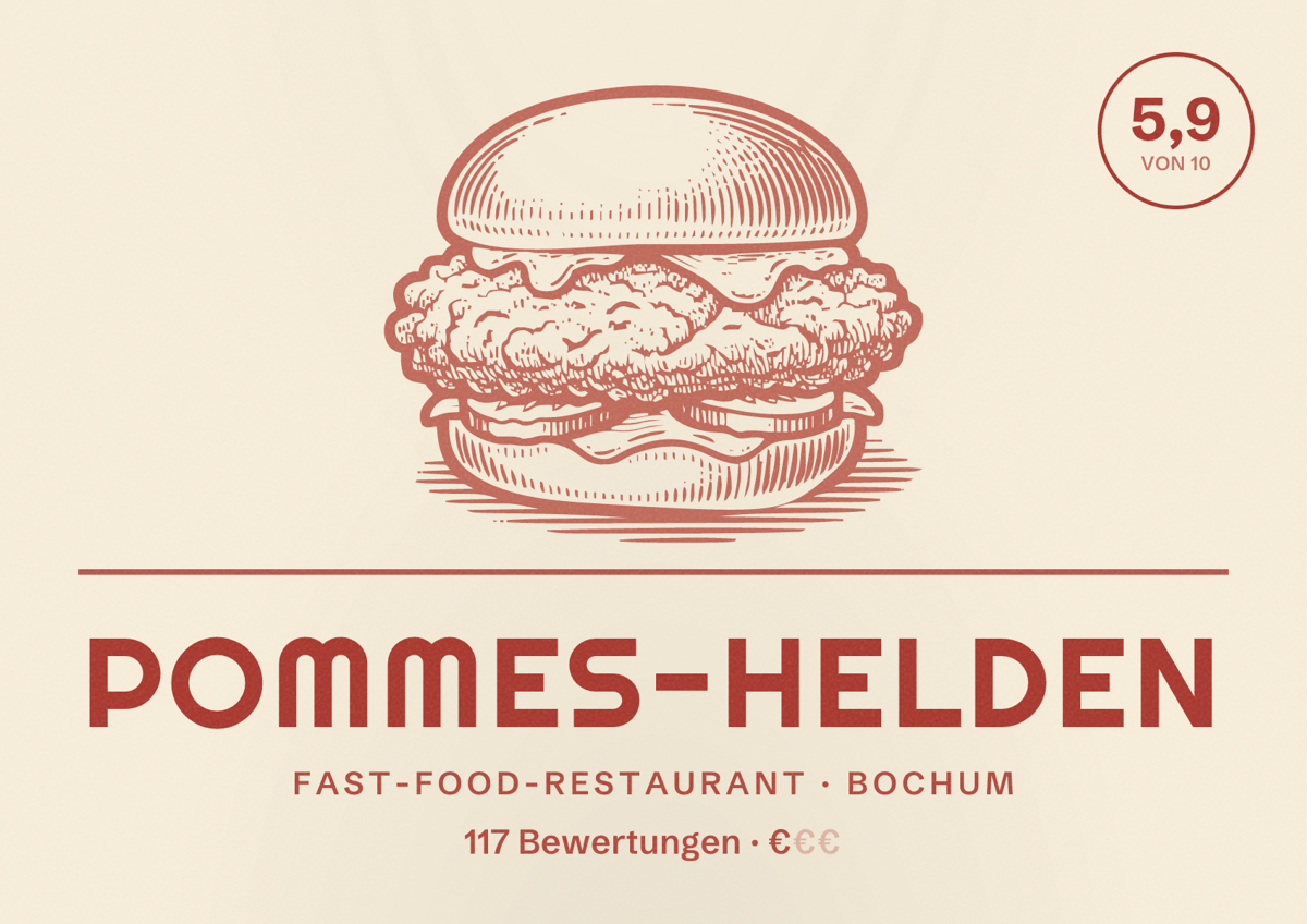 Illustriertes Poster von Pommes-Helden, Fast-Food-Restaurant in Bochum: Gästebewertung 5,9 von 10 aus 117 Bewertungen