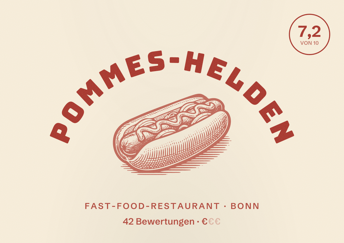 Illustriertes Poster von Pommes-Helden, Fast-Food-Restaurant in Bonn: Bewertung 7,2 von 10 aus 42 Bewertungen, Preisniveau €