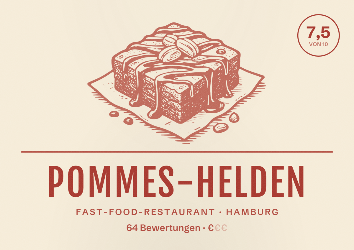 Illustriertes Poster von Pommes-Helden, Fast-Food-Restaurant in Hamburg: Bewertung 7,5 von 10 aus 64 Bewertungen, Preisniveau €