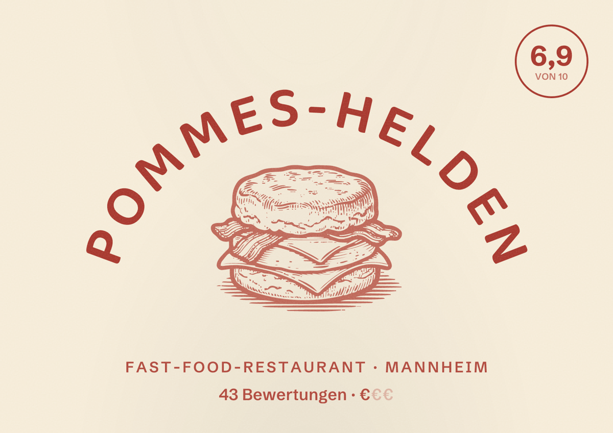 Illustriertes Poster von Pommes-Helden, Fast-Food-Restaurant in Mannheim: Bewertung 6,9 von 10 aus 43 Bewertungen, Preisniveau €