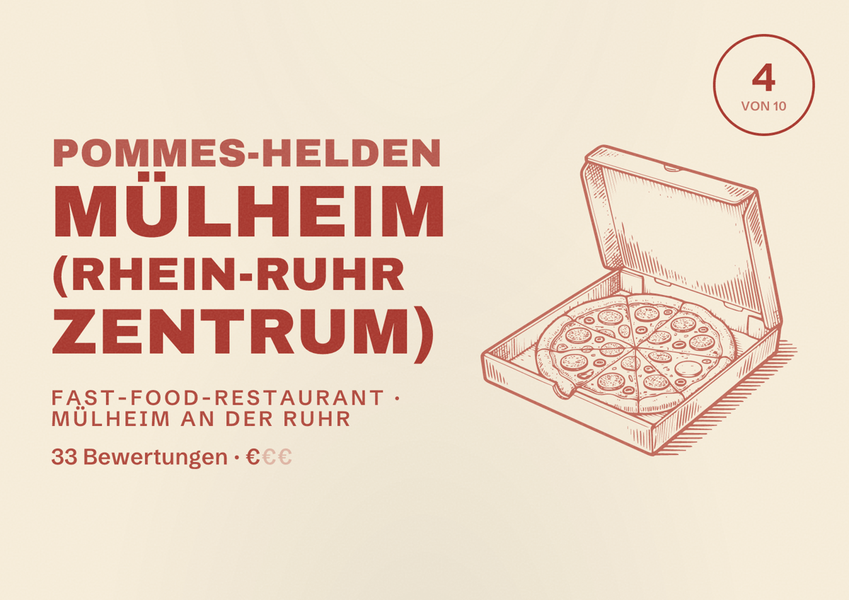 Illustriertes Poster von Pommes-Helden Mülheim (Rhein-Ruhr Zentrum), Fast-Food-Restaurant in Mülheim an der Ruhr: Bewertung 4 von 10 aus 33 Bewertungen, Preisniveau €