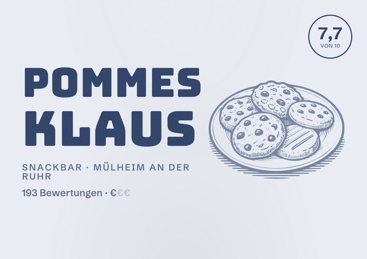 Illustriertes Poster von Pommes Klaus, Snackbar in Mülheim an der Ruhr: Bewertung 7,7 von 10 aus 193 Bewertungen, Preisniveau €