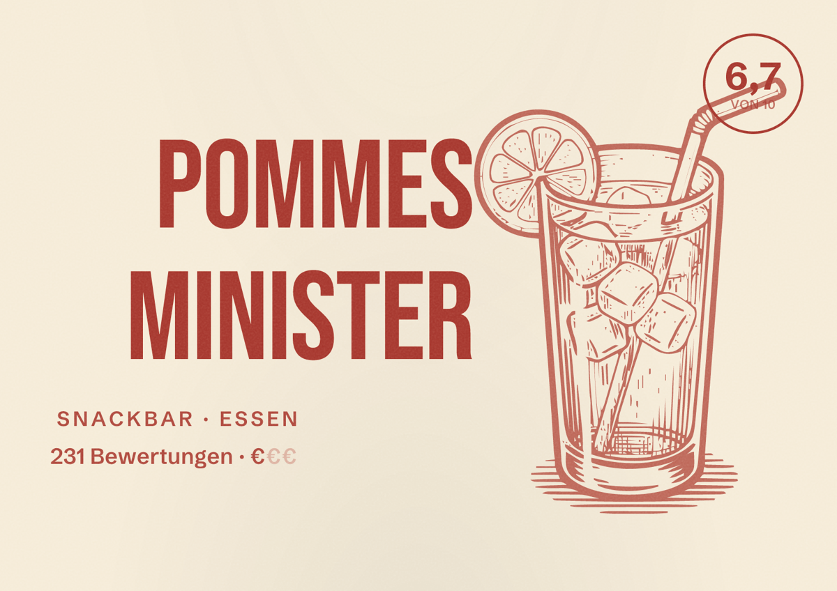 Illustriertes Poster von Pommes Minister, Snackbar in Essen: Bewertung 6,7 von 10 aus 231 Bewertungen, Preisniveau €