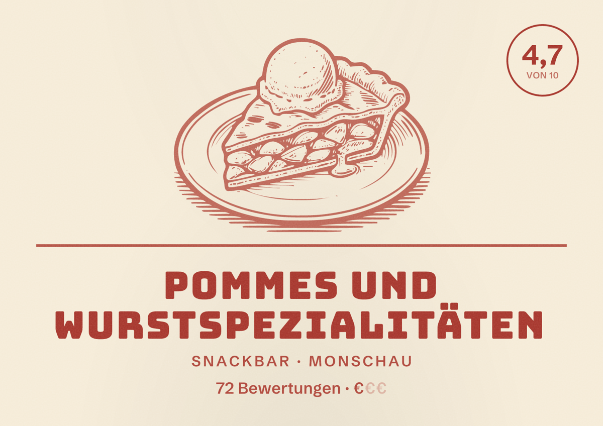 Illustriertes Poster von Pommes und Wurstspezialitäten, Snackbar in Monschau: Bewertung 4,7 von 10 aus 72 Bewertungen, Preisniveau €