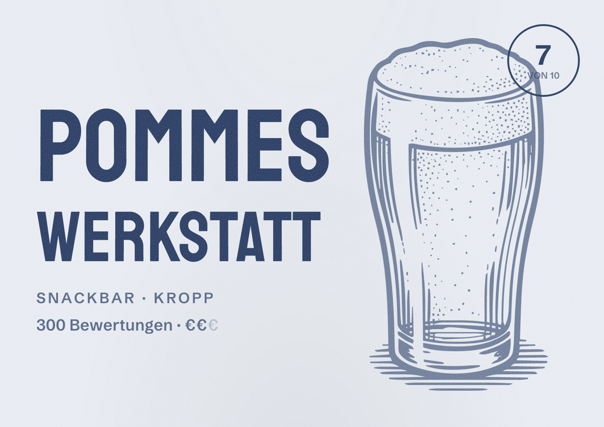 Illustriertes Poster von Pommes Werkstatt, Snackbar in Kropp: Bewertung 7 von 10 aus 300 Bewertungen, Preisniveau €€