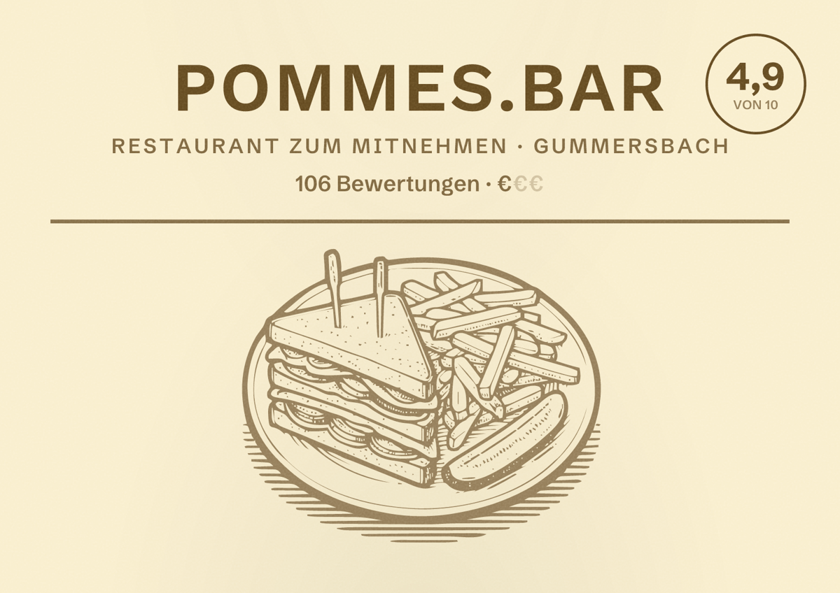 Illustriertes Poster von pommes.bar, Restaurant zum Mitnehmen in Gummersbach: Bewertung 4,9 von 10 aus 106 Bewertungen, Preisniveau €