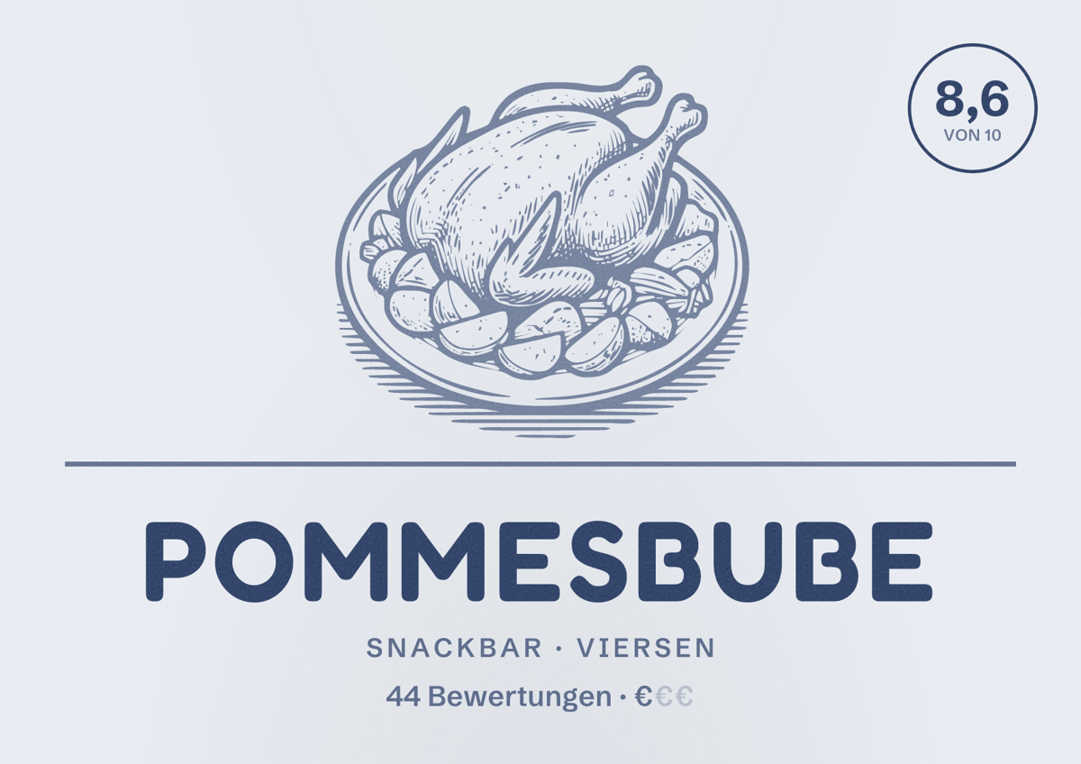 Illustriertes Poster von Pommesbube, Snackbar in Viersen: Bewertung 8,6 von 10 aus 44 Bewertungen, Preisniveau €