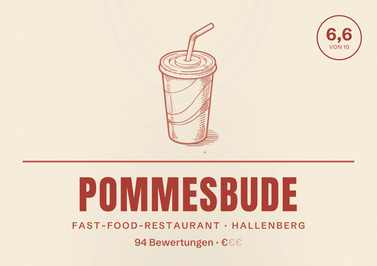 Illustriertes Poster von Pommesbude, Fast-Food-Restaurant in Hallenberg: Bewertung 6,6 von 10 aus 94 Bewertungen, Preisniveau €