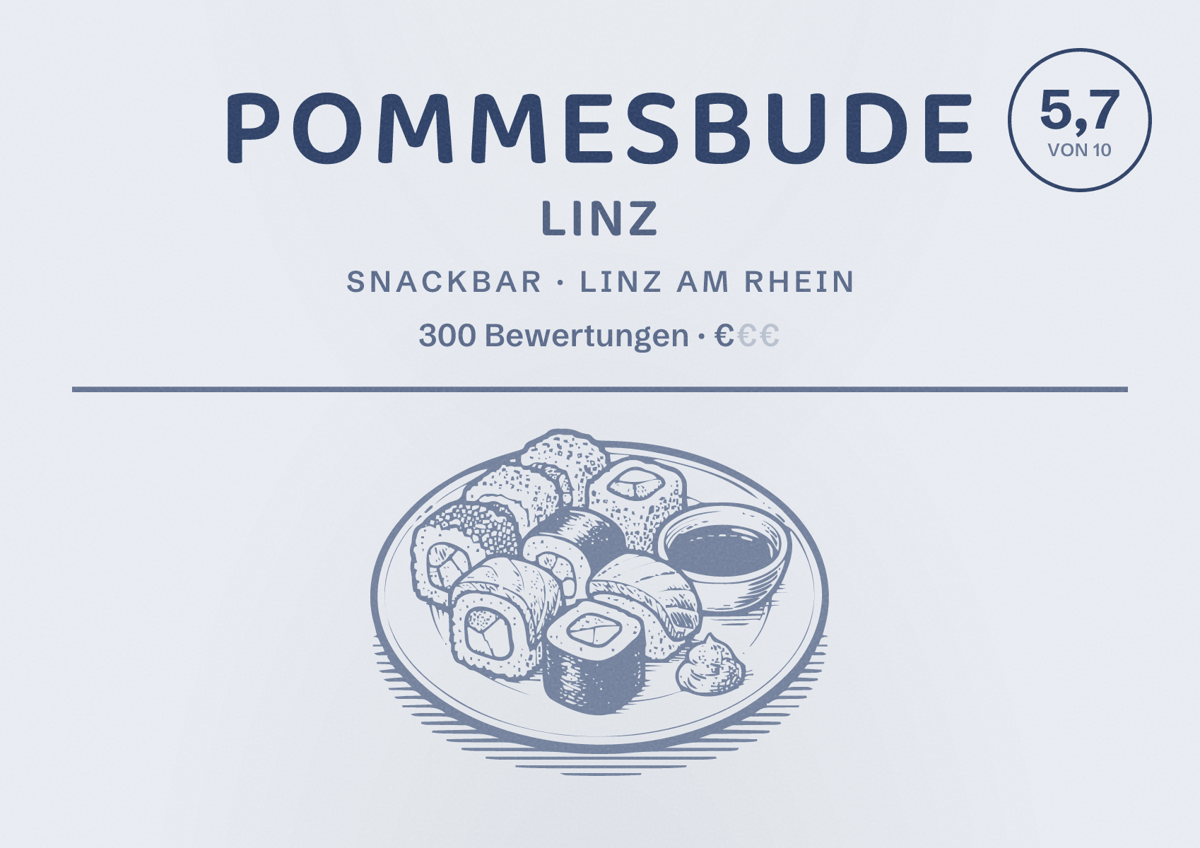 Illustriertes Poster von Pommesbude Linz, Snackbar in Linz am Rhein: Bewertung 5,7 von 10 aus 300 Bewertungen, Preisniveau €