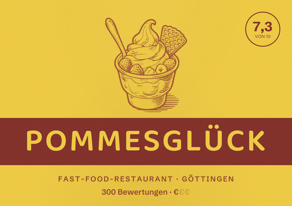 Illustriertes Poster von Pommesglück, Fast-Food-Restaurant in Göttingen: Bewertung 7,3 von 10 aus 300 Bewertungen, Preisniveau €