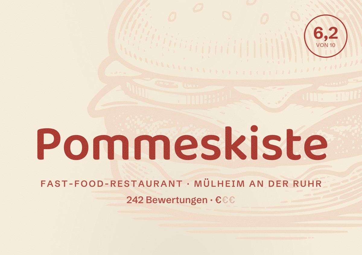 Illustriertes Poster von Pommeskiste, Fast-Food-Restaurant in Mülheim an der Ruhr: Bewertung 6,2 von 10 aus 242 Bewertungen, Preisniveau €