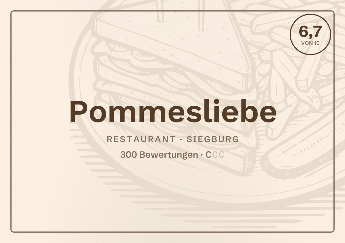 Illustriertes Poster von Pommesliebe, Restaurant in Siegburg: Bewertung 6,7 von 10 aus 300 Bewertungen, Preisniveau €