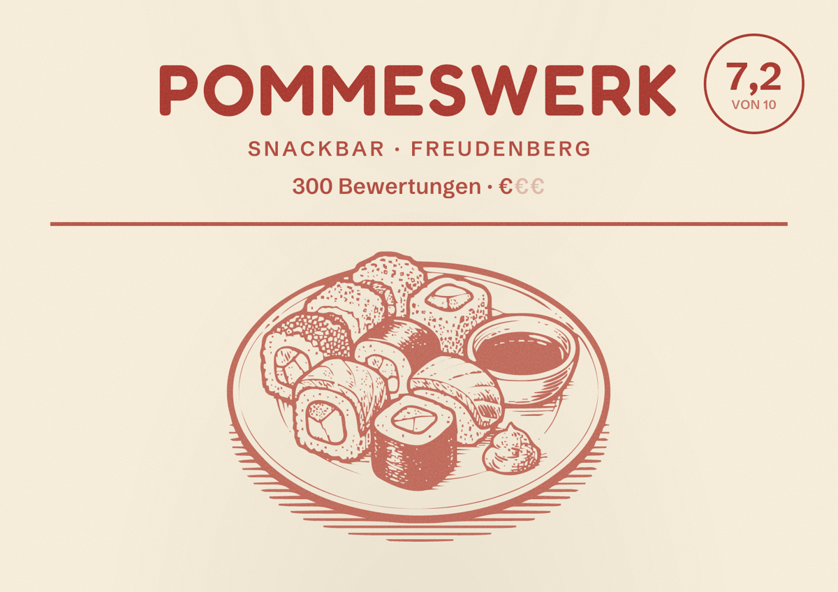 Illustriertes Poster von Pommeswerk, Snackbar in Freudenberg: Bewertung 7,2 von 10 aus 300 Bewertungen, Preisniveau €