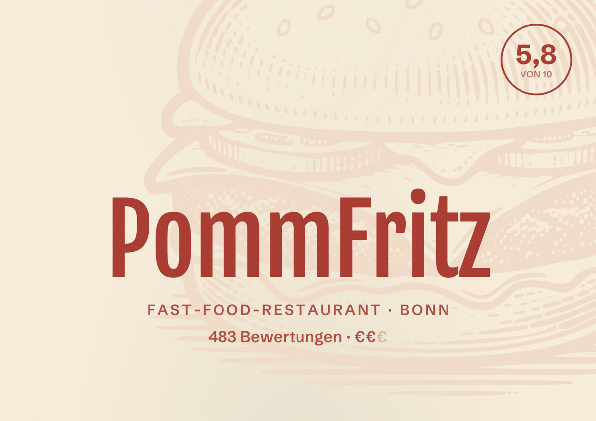 Illustriertes Poster von PommFritz, Fast-Food-Restaurant in Bonn: Bewertung 5,8 von 10 aus 483 Bewertungen, Preisniveau €€