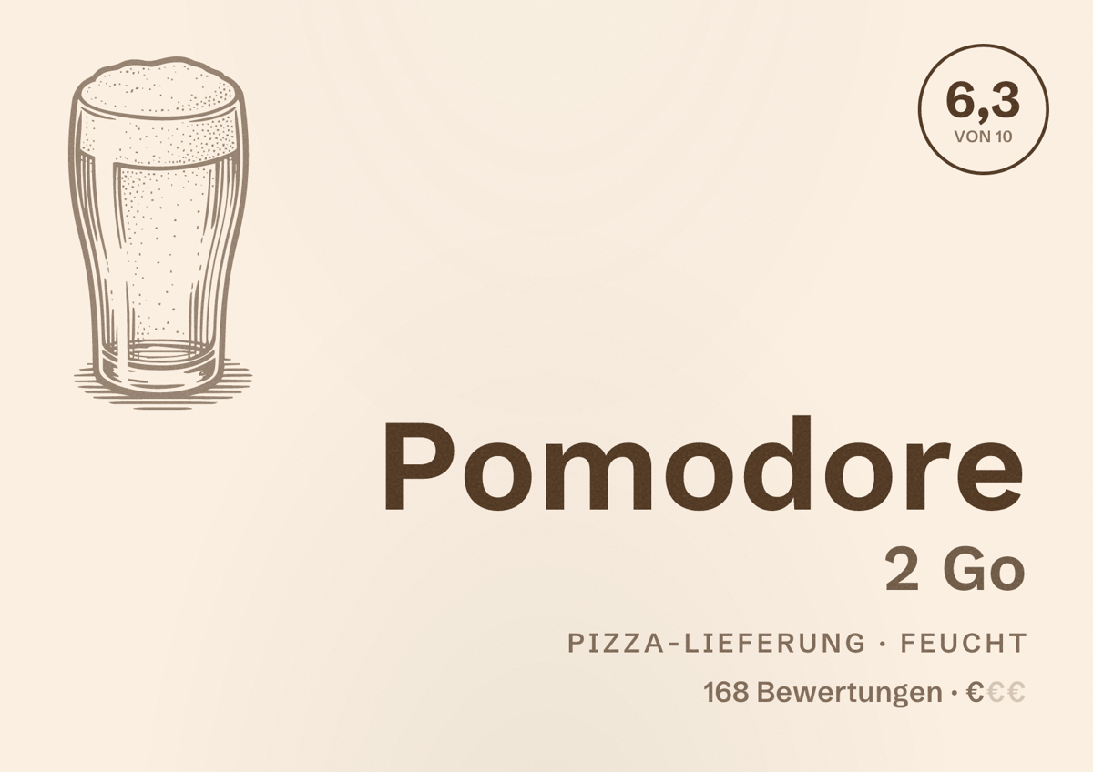 Illustriertes Poster von Pomodore 2 Go, Pizza-Lieferung in Feucht: Bewertung 6,3 von 10 aus 168 Bewertungen, Preisniveau €