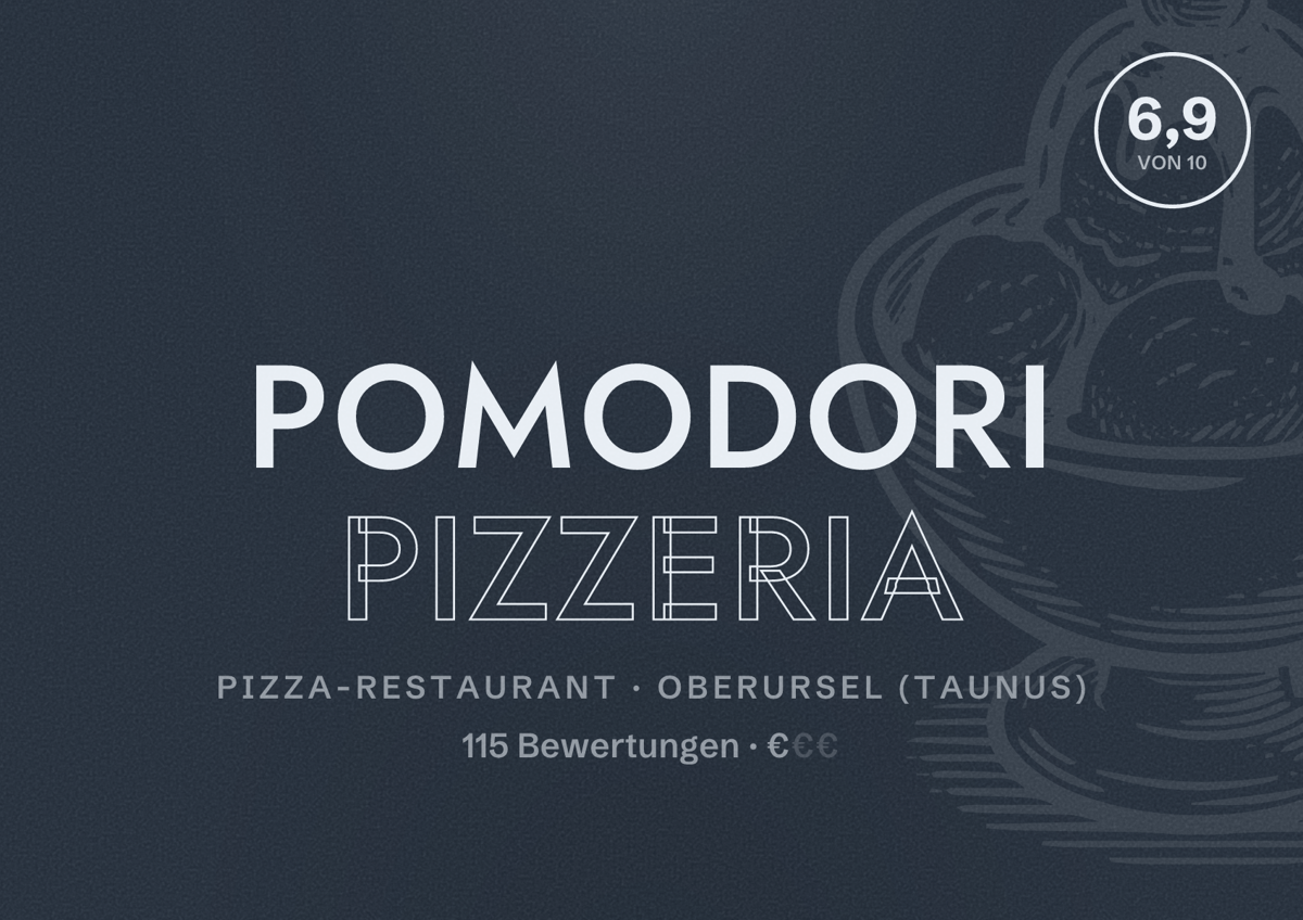 Illustriertes Poster von Pomodori Pizzeria, Pizza-Restaurant in Oberursel (Taunus): Bewertung 6,9 von 10 aus 115 Bewertungen, Preisniveau €