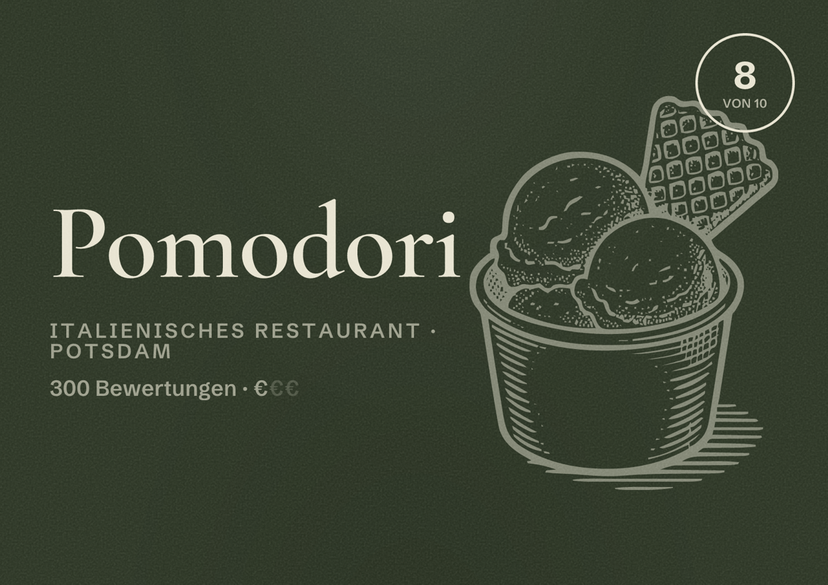Illustriertes Poster von Pomodori, Italienisches Restaurant in Potsdam: Bewertung 8,0 von 10 aus 300 Bewertungen, Preisniveau €