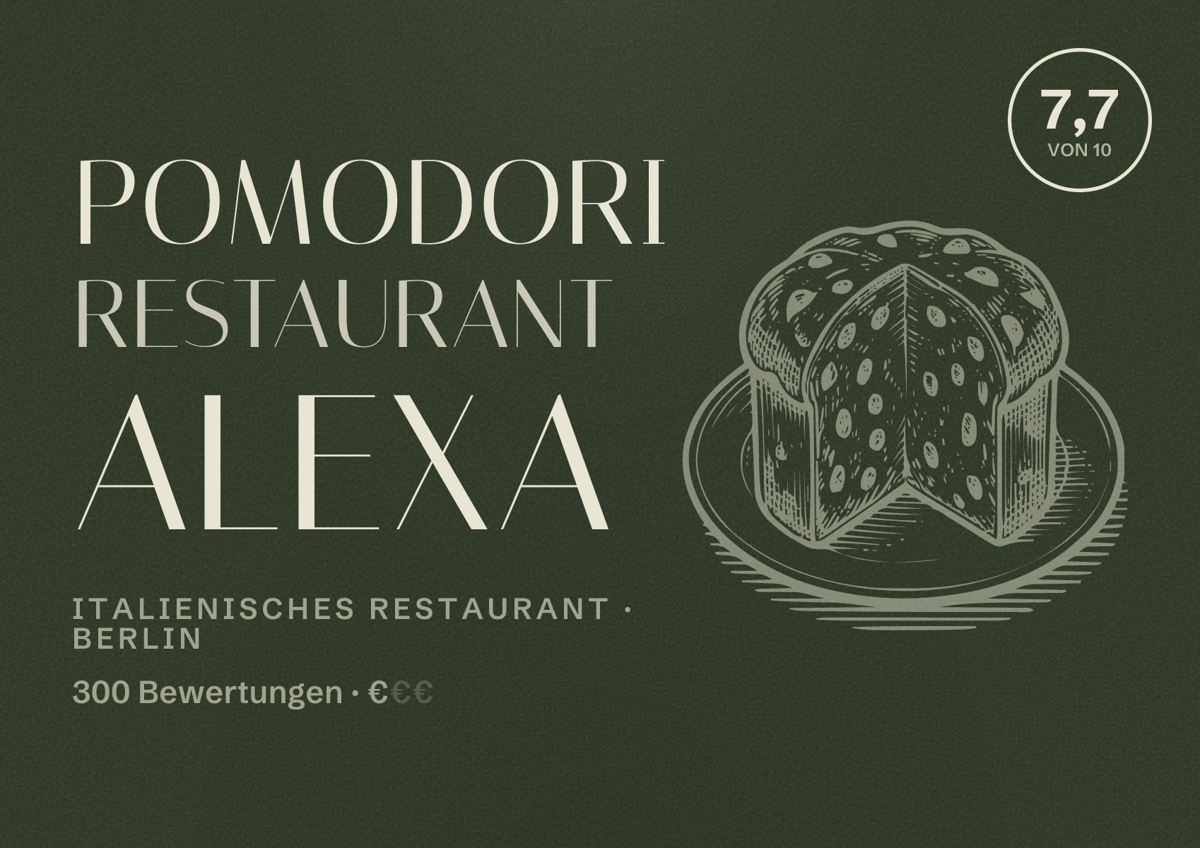 Illustriertes Poster von Pomodori Restaurant Alexa, Italienisches Restaurant in Berlin: Bewertung 7,7 von 10 aus 300 Bewertungen, Preisniveau €