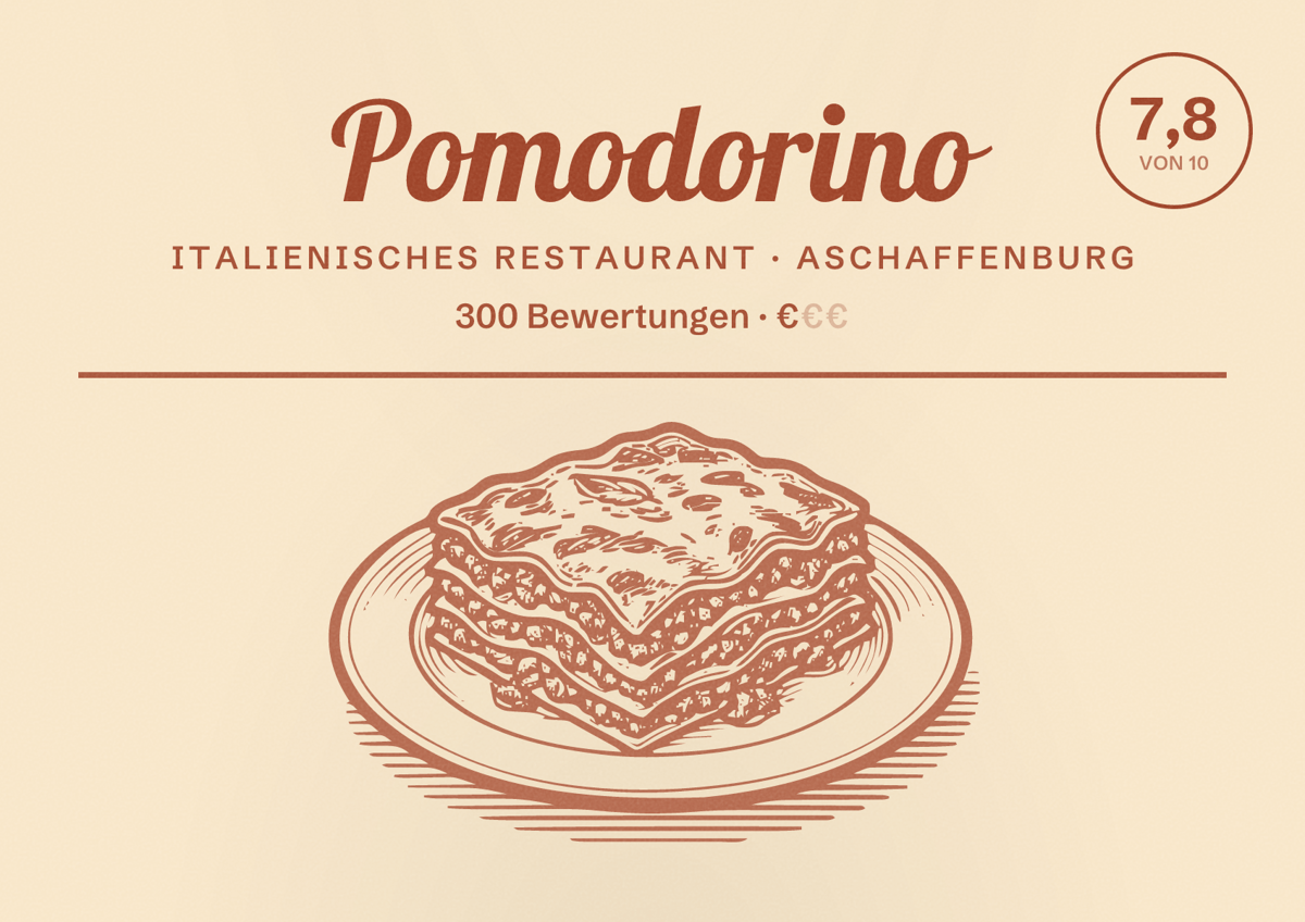 Illustriertes Poster von Pomodorino, Italienisches Restaurant in Aschaffenburg: Bewertung 7,8 von 10 aus 300 Bewertungen, Preisniveau €