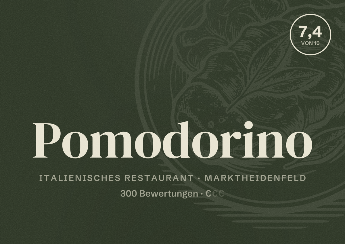 Illustriertes Poster von Pomodorino, Italienisches Restaurant in Marktheidenfeld: Bewertung 7,4 von 10 aus 300 Bewertungen, Preisniveau €