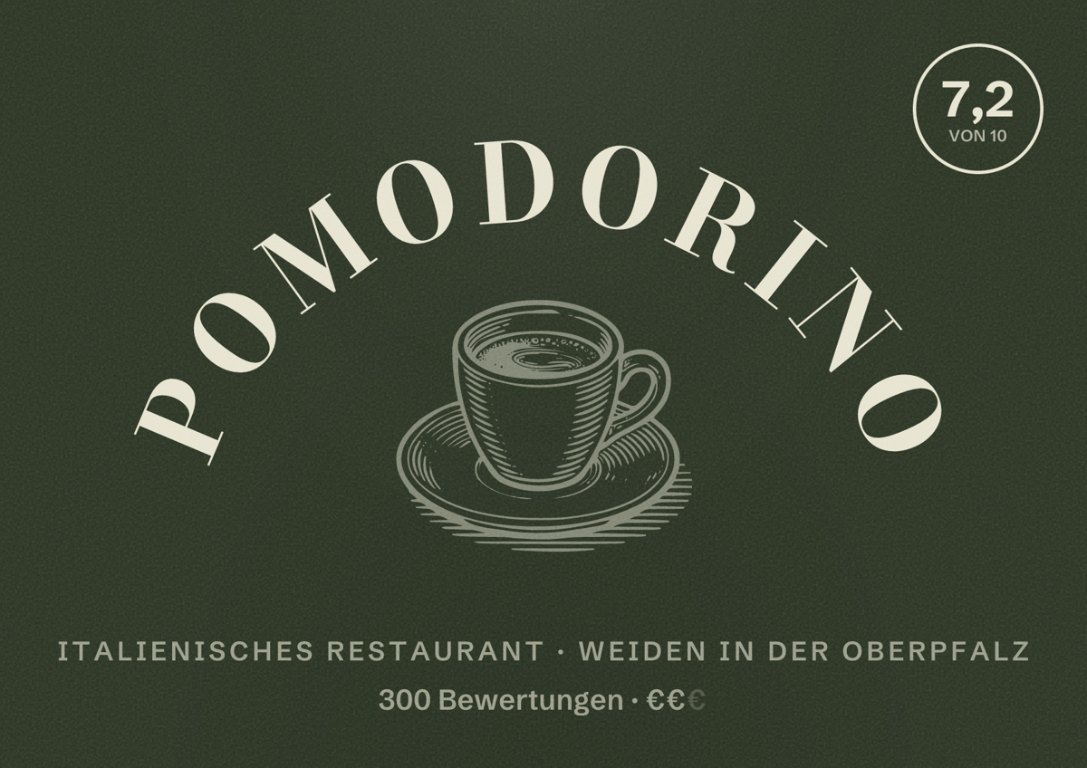 Illustriertes Poster von pomodorino, Italienisches Restaurant in Weiden in der Oberpfalz: Bewertung 7,2 von 10 aus 300 Bewertungen, Preisniveau €€