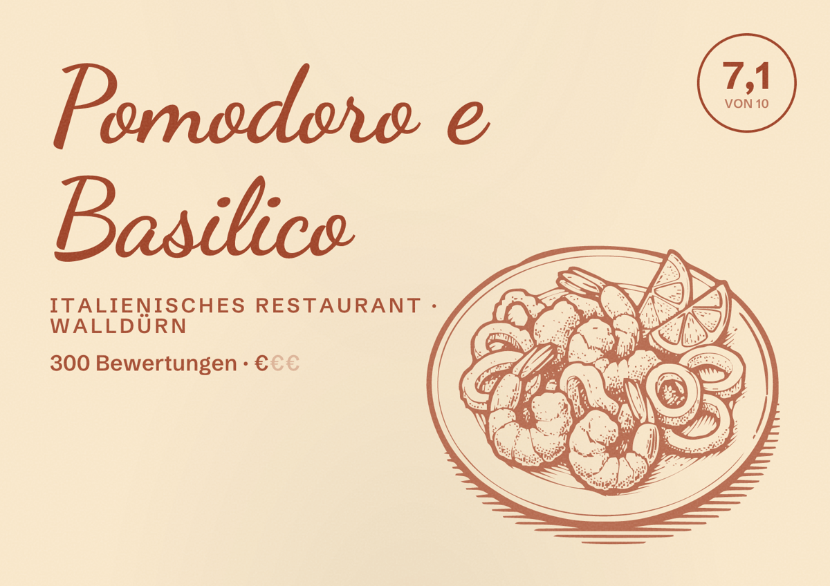 Illustriertes Poster von Pomodoro e Basilico, Italienisches Restaurant in Walldürn: Bewertung 7,1 von 10 aus 300 Bewertungen, Preisniveau €