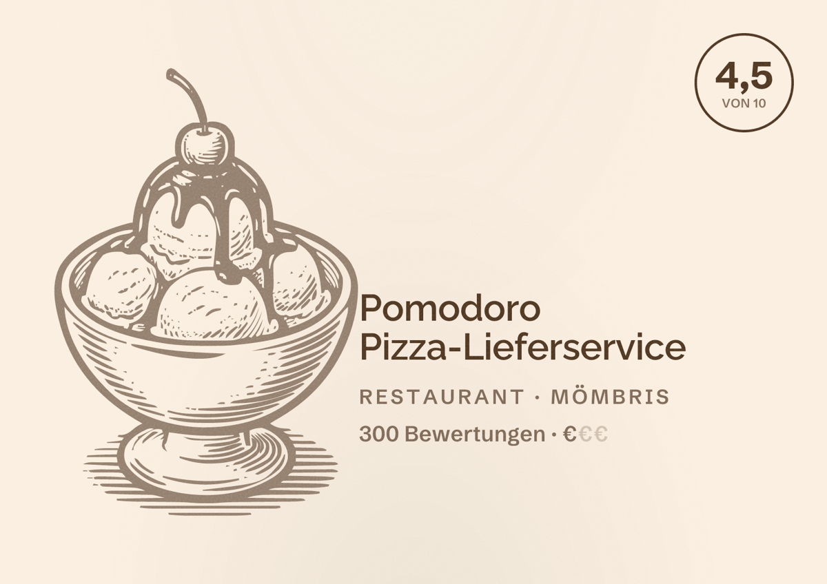 Illustriertes Poster von Pomodoro Pizza-Lieferservice, Restaurant in Mömbris: Bewertung 4,5 von 10 aus 300 Bewertungen, Preisniveau €