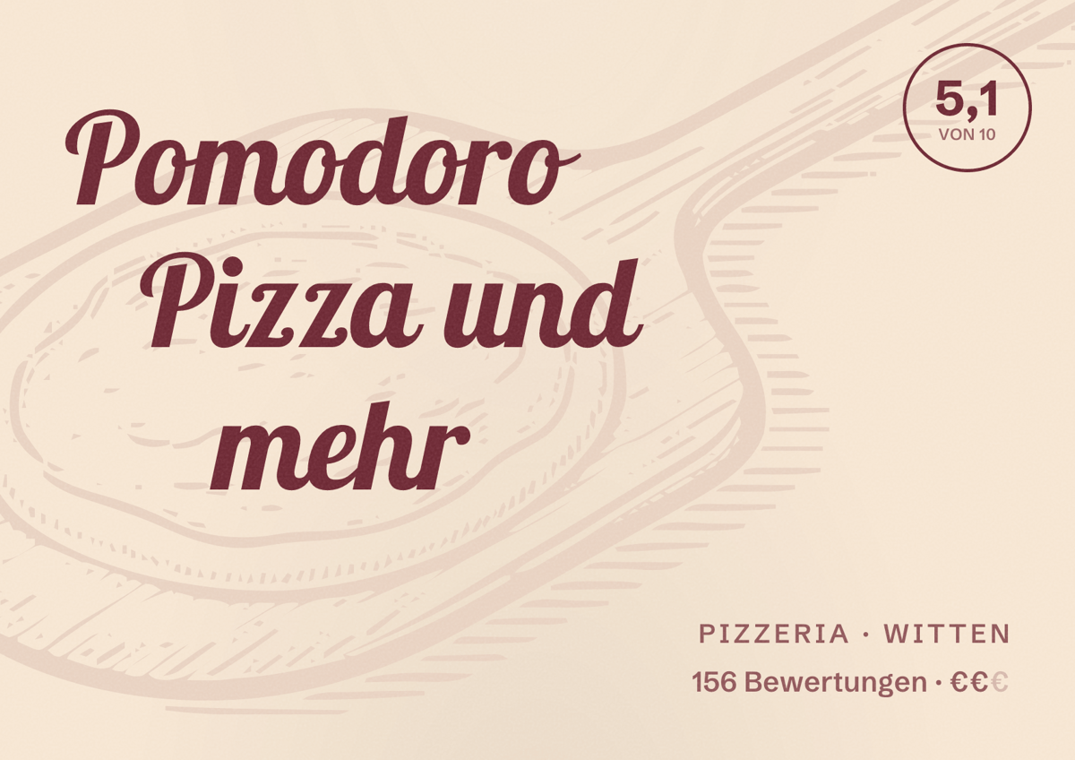 Illustriertes Poster von Pomodoro Pizza und mehr, Pizzeria in Witten: Bewertung 5,1 von 10 aus 156 Bewertungen, Preisniveau €€