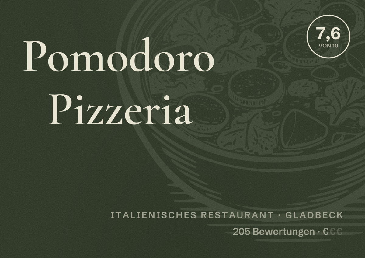 Illustriertes Poster von Pomodoro Pizzeria, Italienisches Restaurant in Gladbeck: Bewertung 7,6 von 10 aus 205 Bewertungen, Preisniveau €