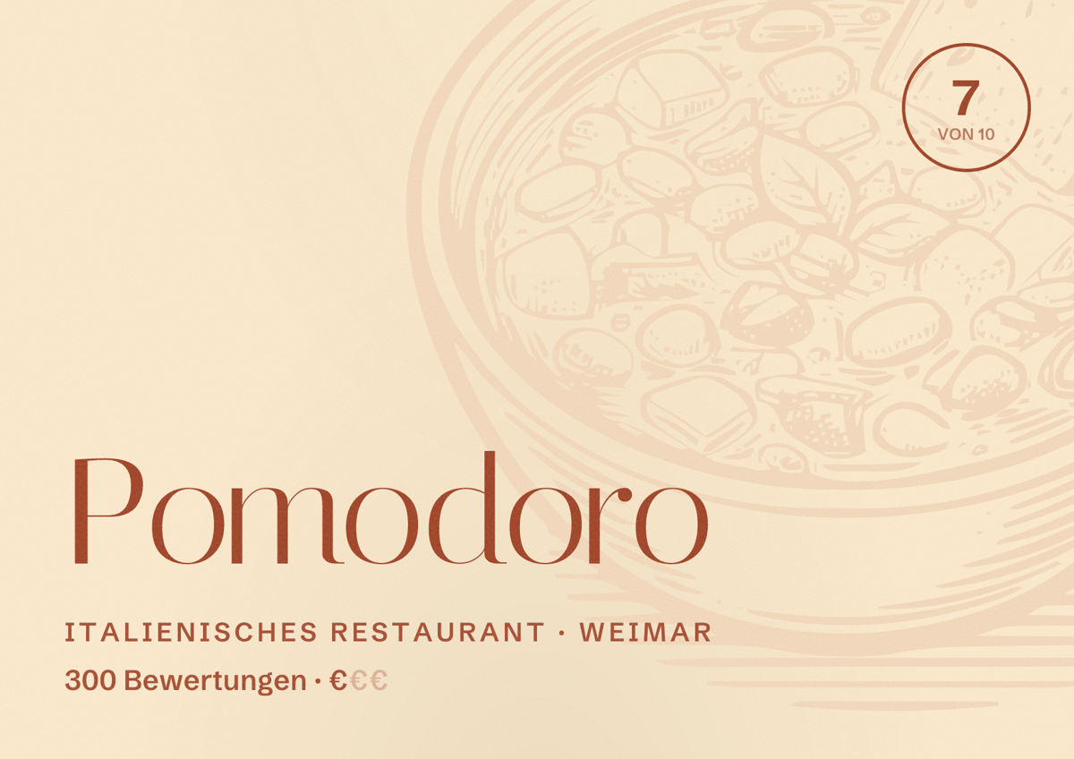 Illustriertes Poster von Pomodoro, Italienisches Restaurant in Weimar: Bewertung 7 von 10 aus 300 Bewertungen, Preisniveau €