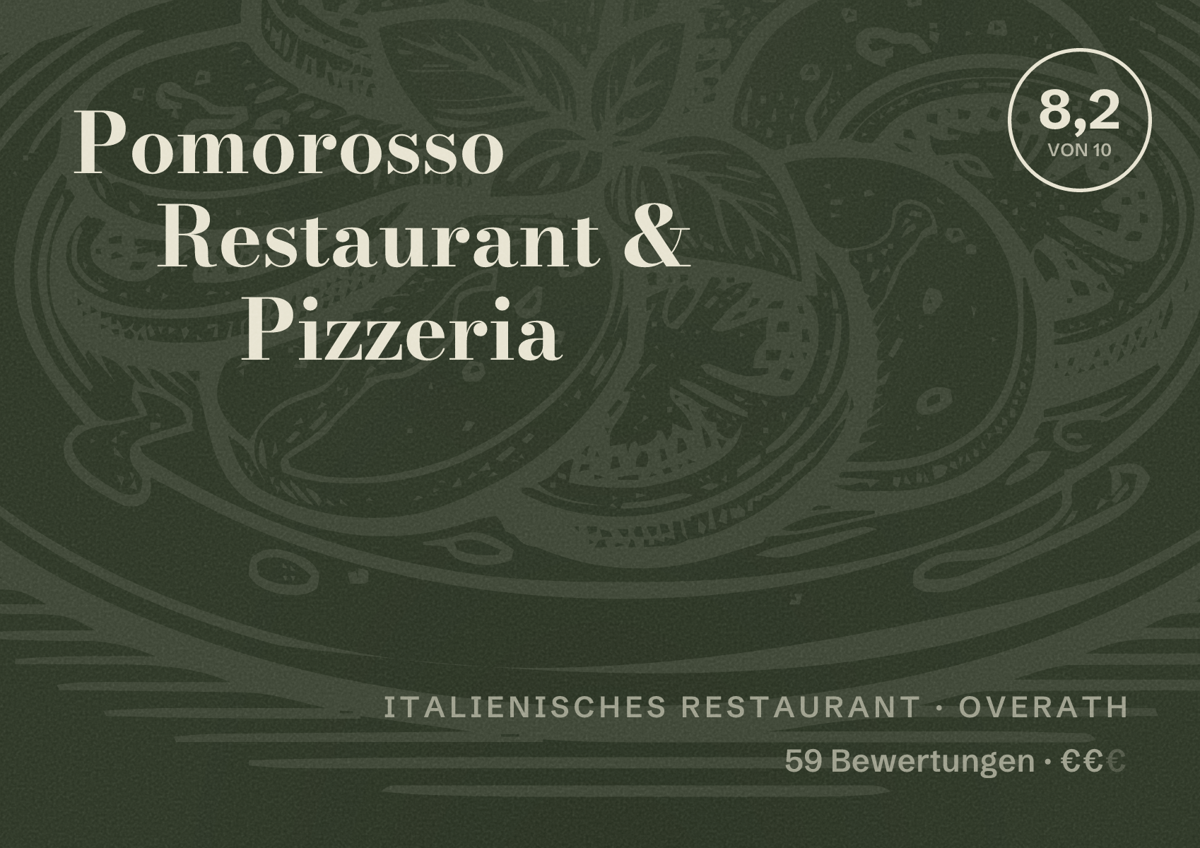 Illustriertes Poster von Pomorosso Restaurant & Pizzeria, Italienisches Restaurant in Overath: Bewertung 8,2 von 10 aus 59 Bewertungen, Preisniveau €€