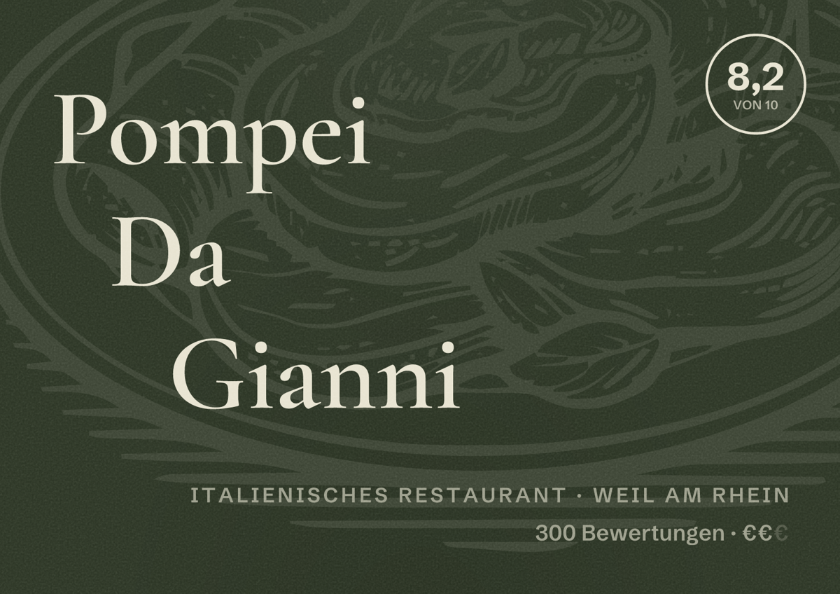 Illustriertes Poster von Pompei Da Gianni, Italienisches Restaurant in Weil am Rhein: Bewertung 8,2 von 10 aus 300 Bewertungen, Preisniveau €€