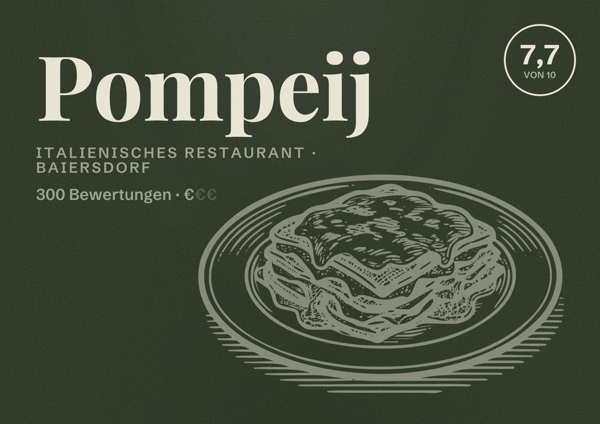 Illustriertes Poster von Pompeij, Italienisches Restaurant in Baiersdorf: Bewertung 7,7 von 10 aus 300 Bewertungen, Preisniveau €
