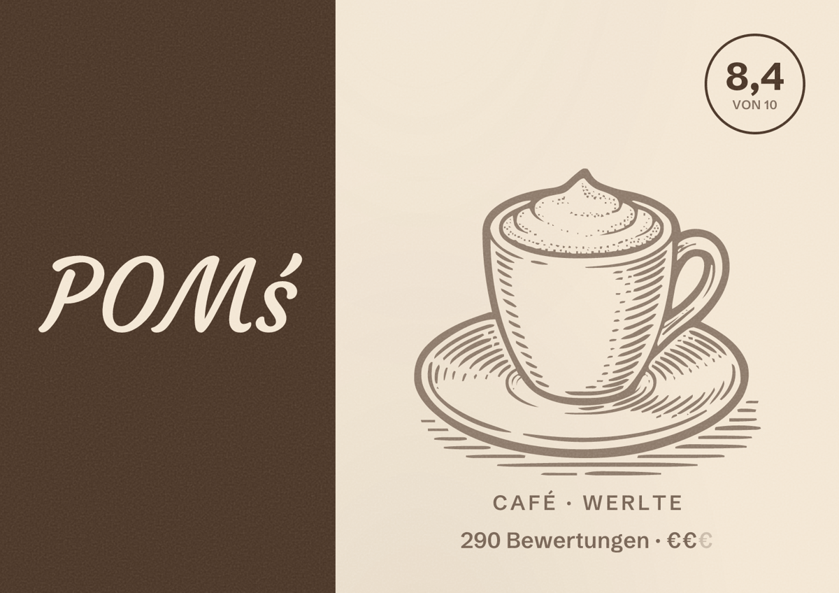 Illustriertes Poster von POMś, Café in Werlte: Bewertung 8,4 von 10 aus 290 Bewertungen, Preisniveau €€