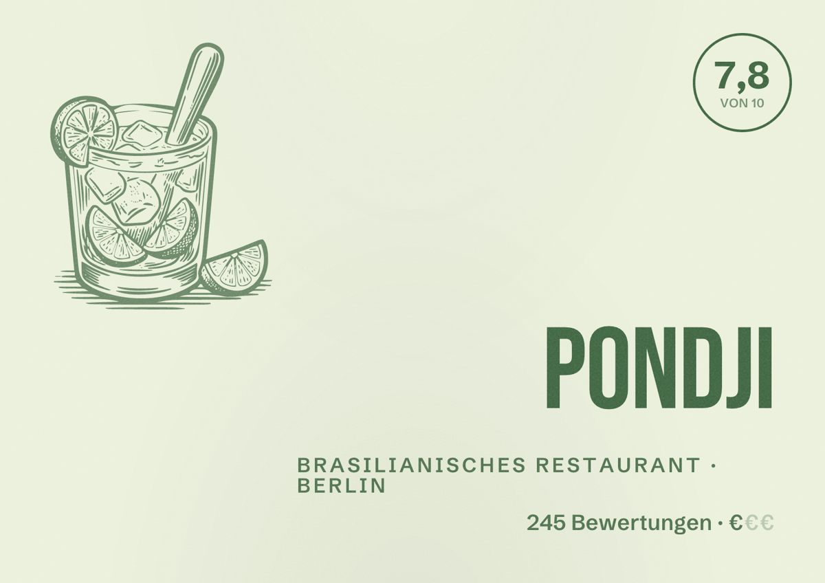 Illustriertes Poster von Pondji, Brasilianisches Restaurant in Berlin: Bewertung 7,8 von 10 aus 245 Bewertungen, Preisniveau €