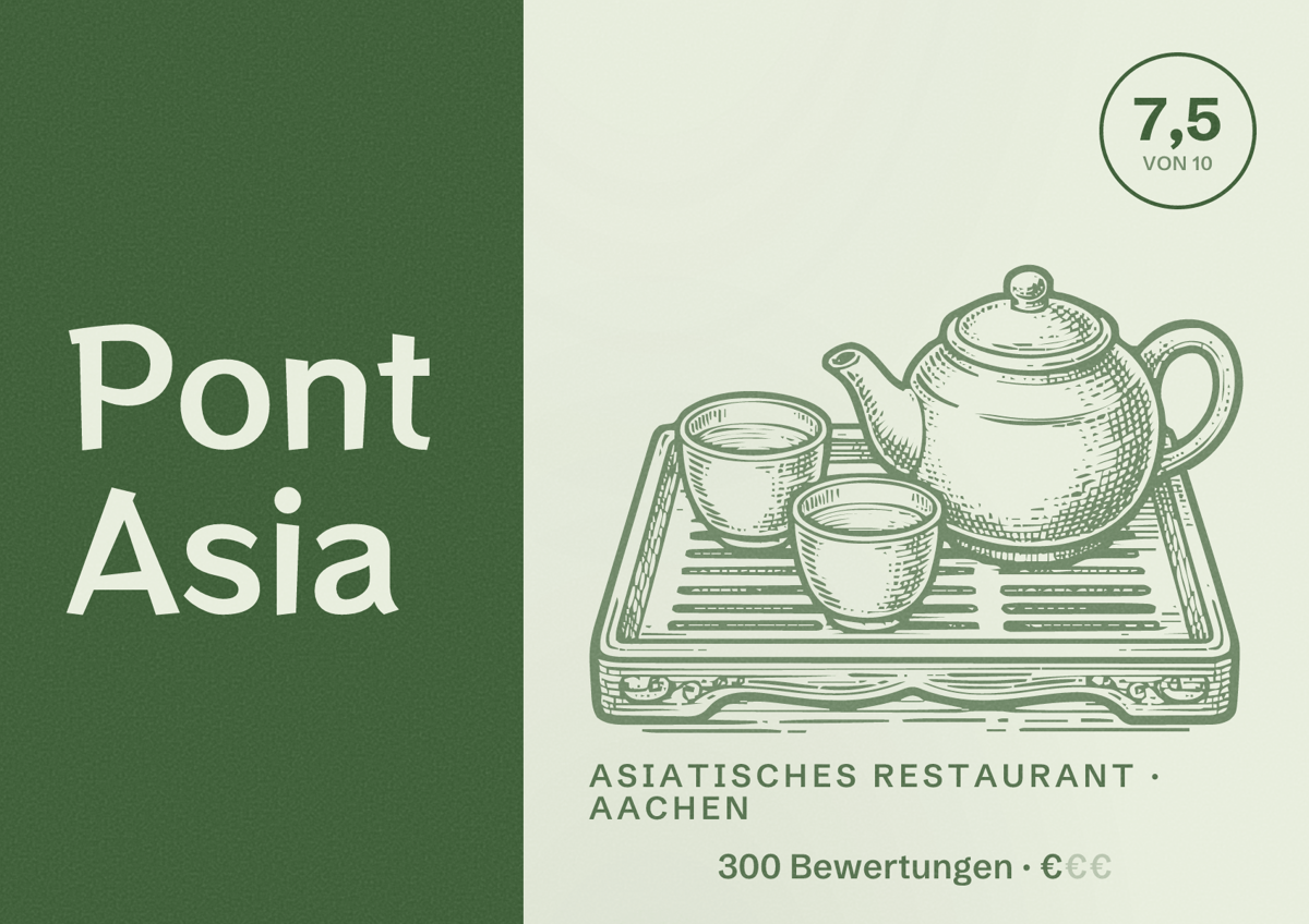 Illustriertes Poster von Pont Asia, Asiatisches Restaurant in Aachen: Bewertung 7,5 von 10 aus 300 Bewertungen, Preisniveau €
