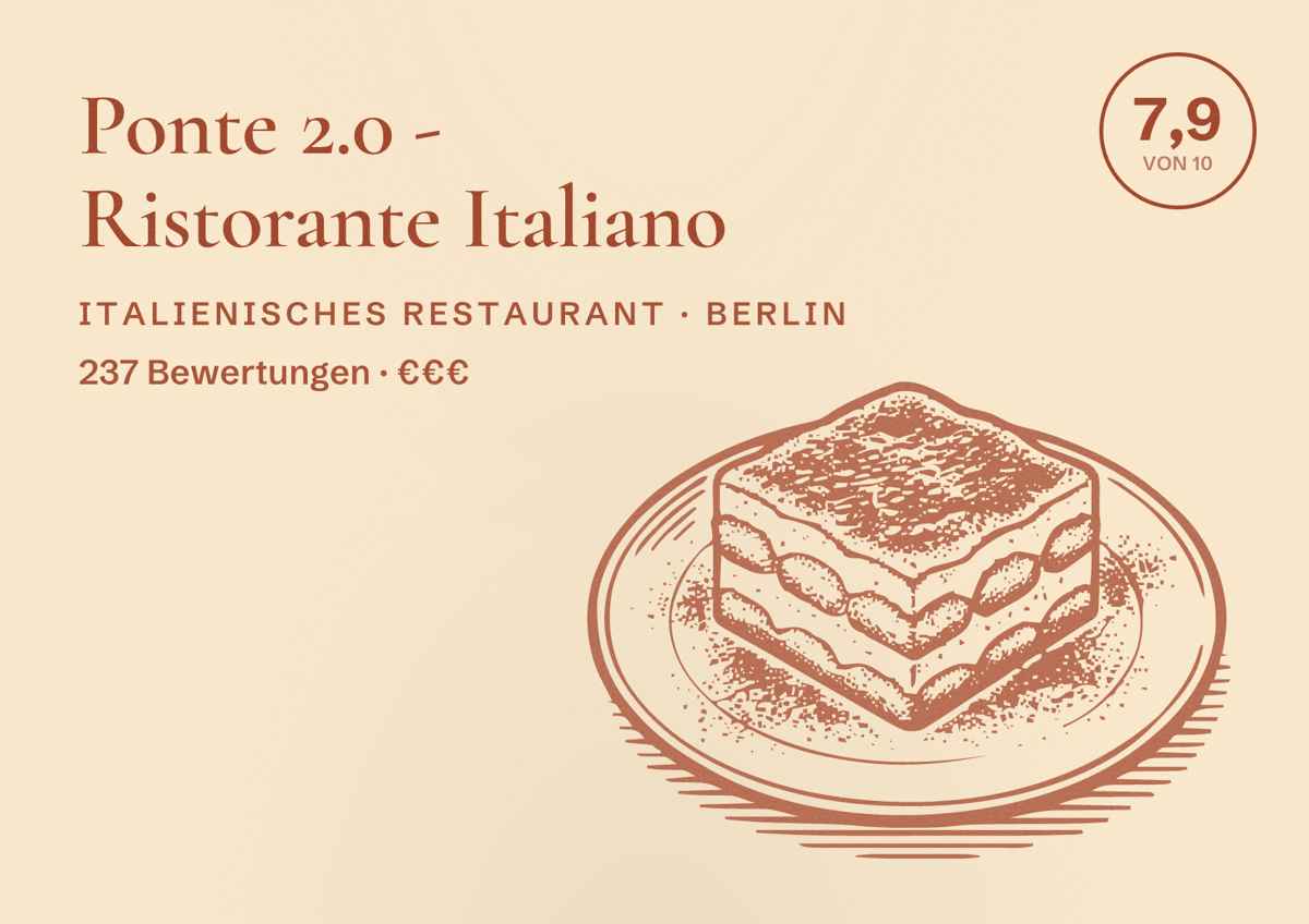 Illustriertes Poster von Ponte 2.0 - Ristorante Italiano, Italienisches Restaurant in Berlin: Bewertung 7,9 von 10 aus 237 Bewertungen, Preisniveau €€€