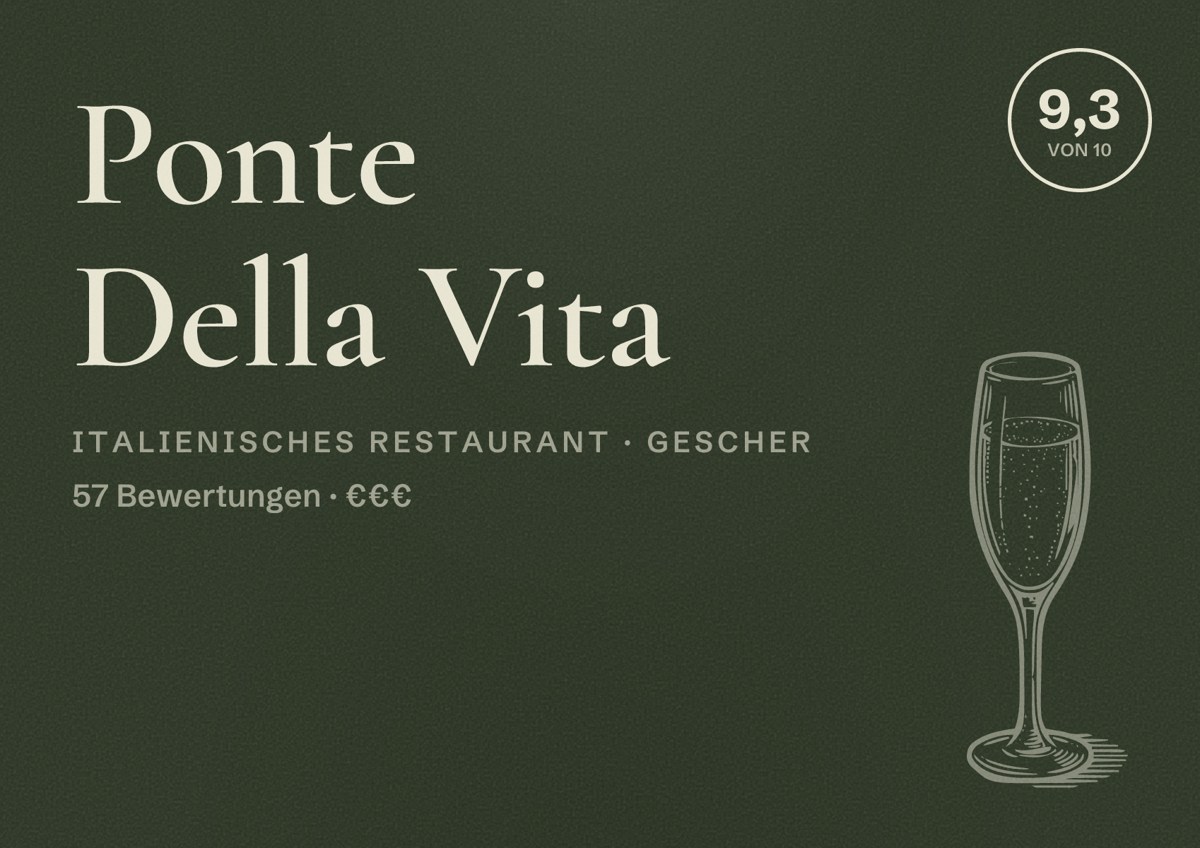 Illustriertes Poster von Ponte Della Vita, Italienisches Restaurant in Gescher: Bewertung 9,3 von 10 aus 57 Bewertungen, Preisniveau €€€